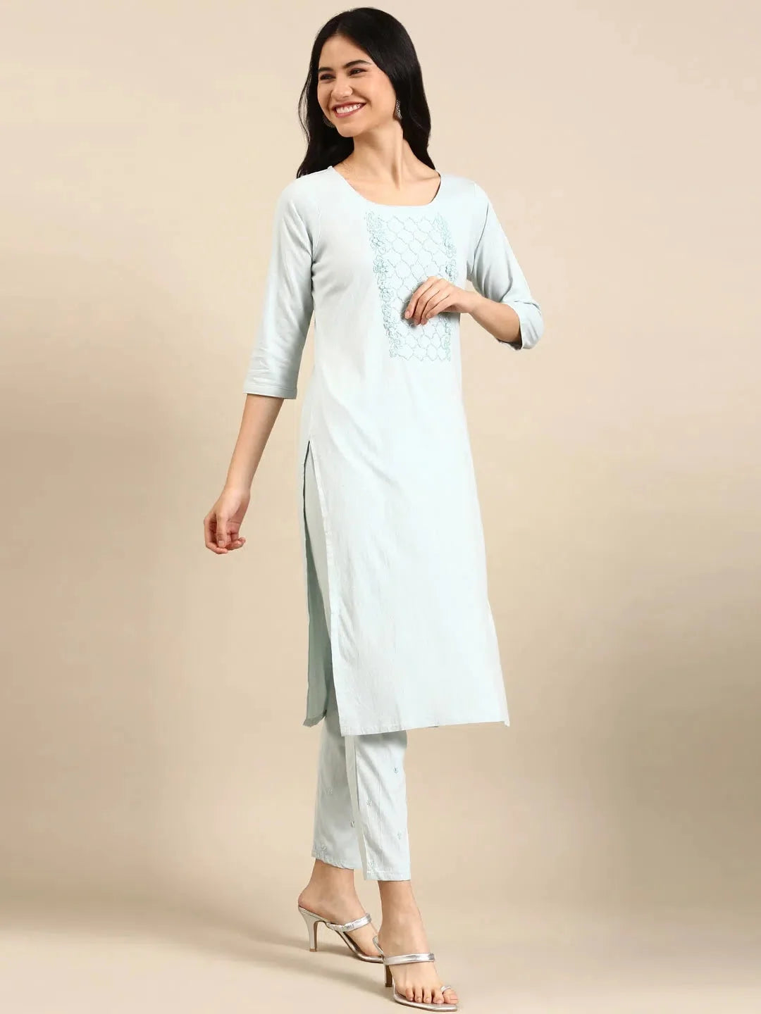 Blue Solid Cotton Kurta Set | Women's Indian Kurta Sets Online