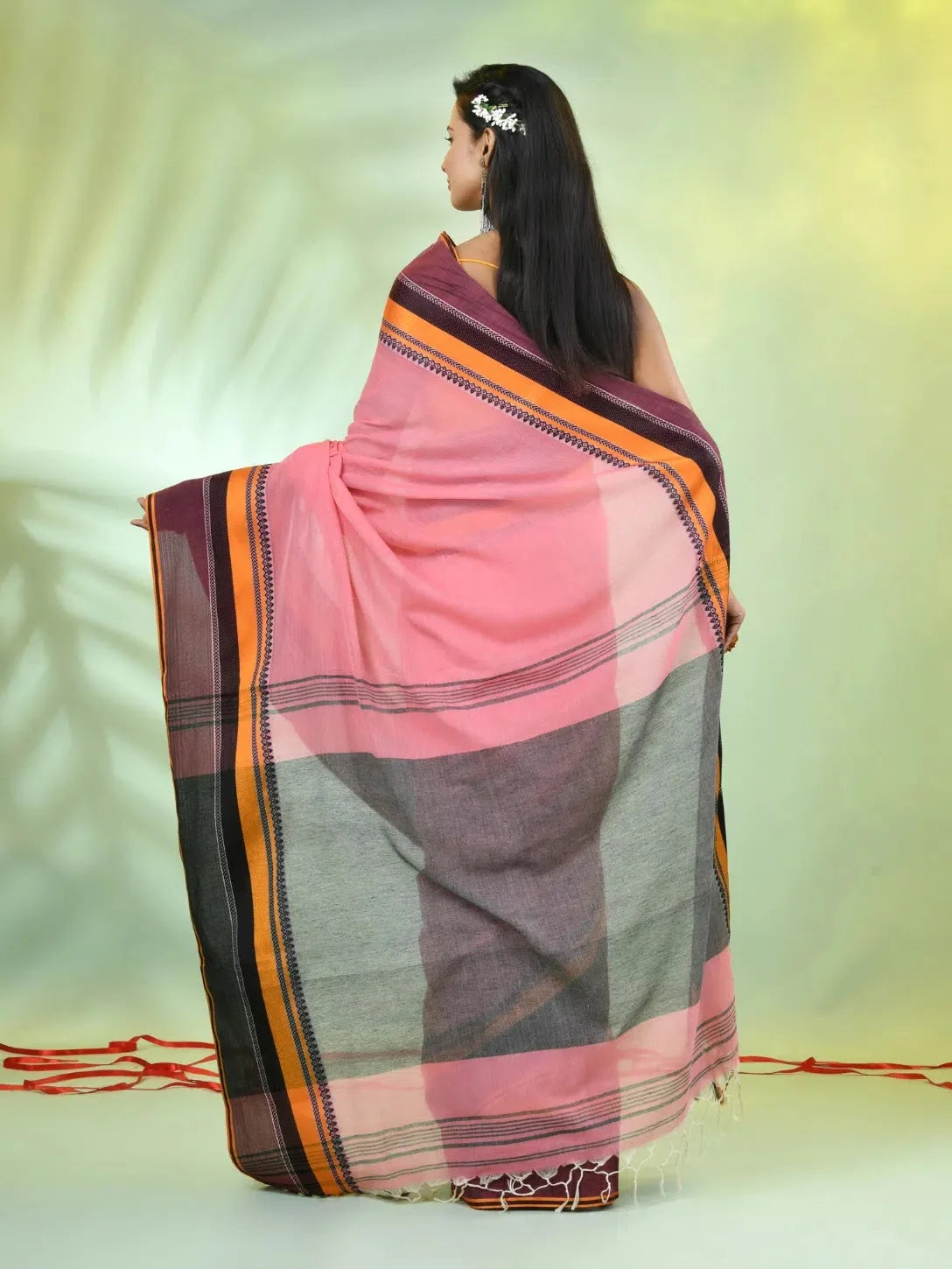 Peach Cotton Saree with Temple Border | Indian Sari