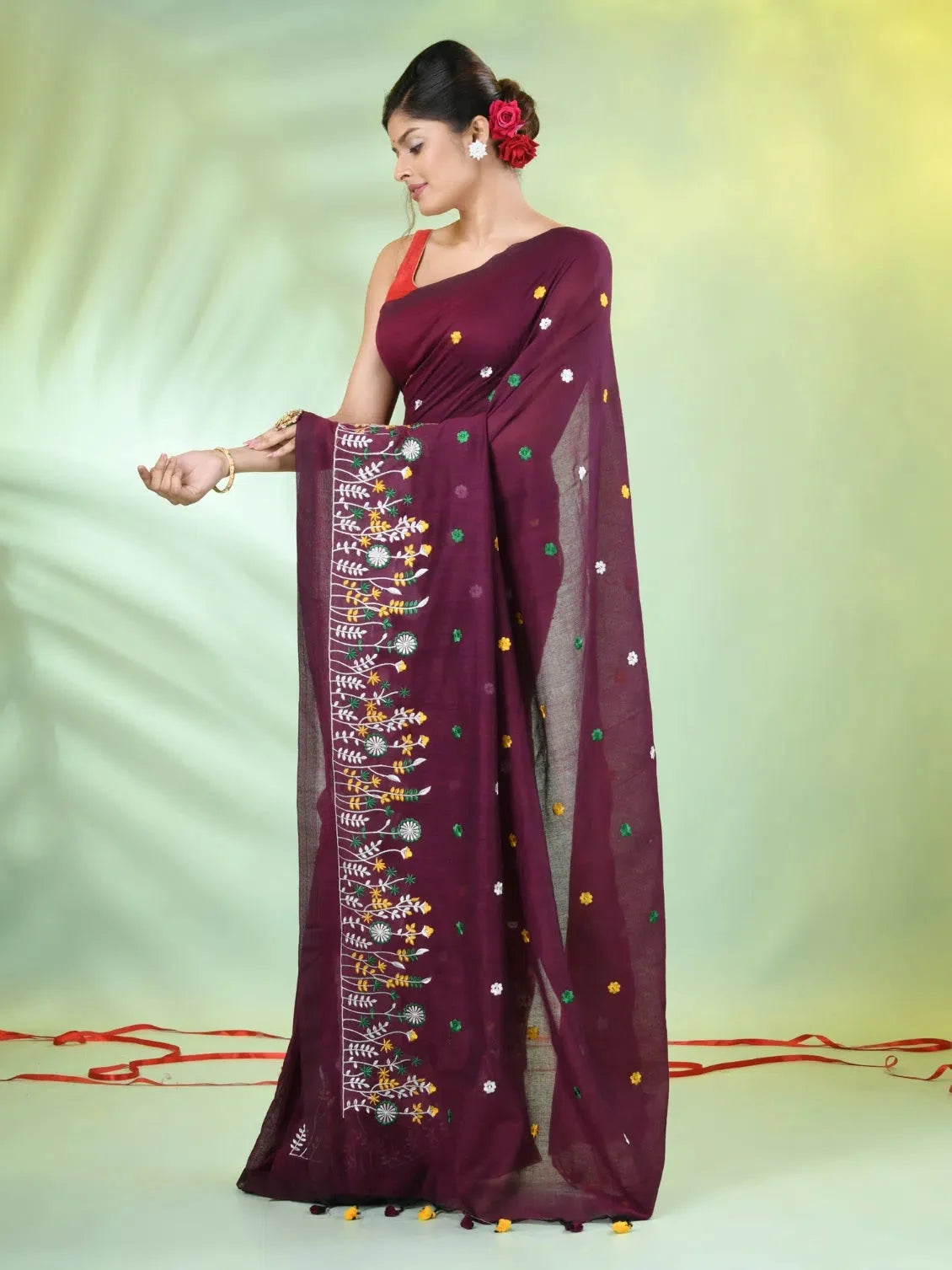 Embroidered Cotton Saree: Burgundy Indian Sari | Designer Sare...