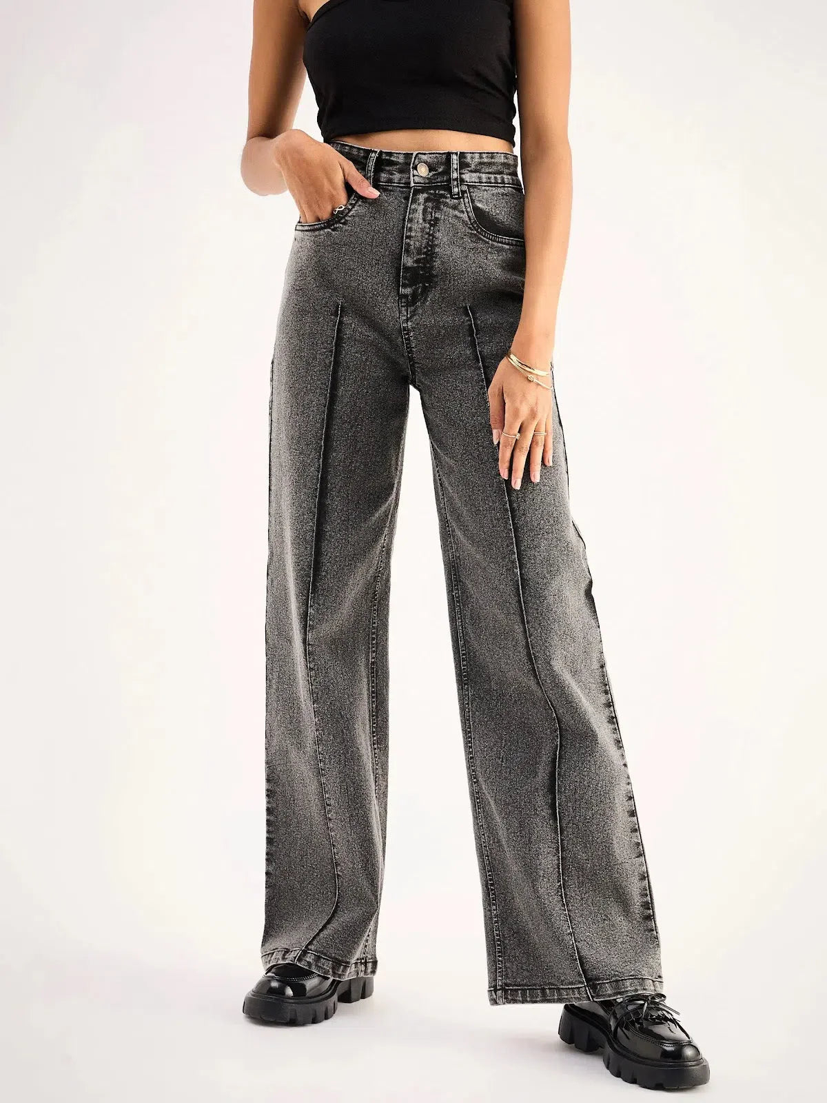 Grey High Waist Straight Jeans - Women's Denim Front Dart