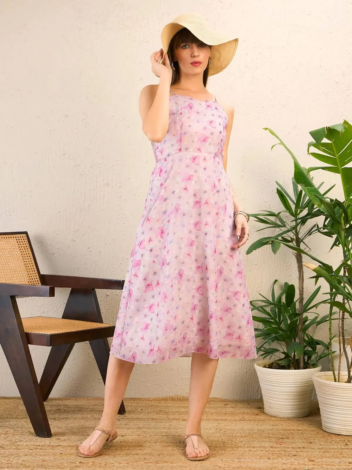 Pink Floral Midi Dress - Women's Strappy Fit & Flare Dress