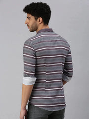 Men Grey Striped Casual Shirt-RYANSTRIPE-1078-Grey