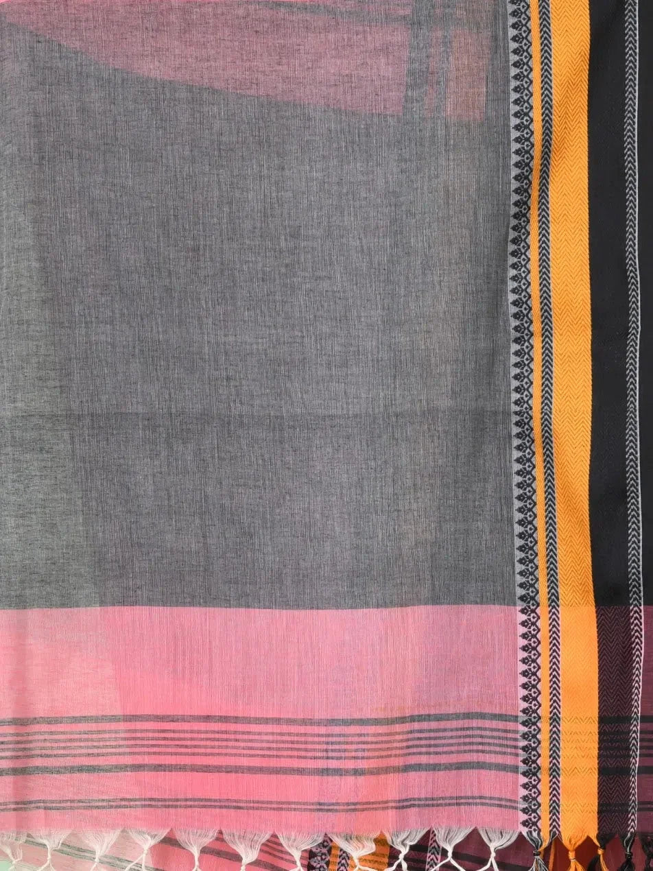 Grey Cotton Indian Sari with Temple Border