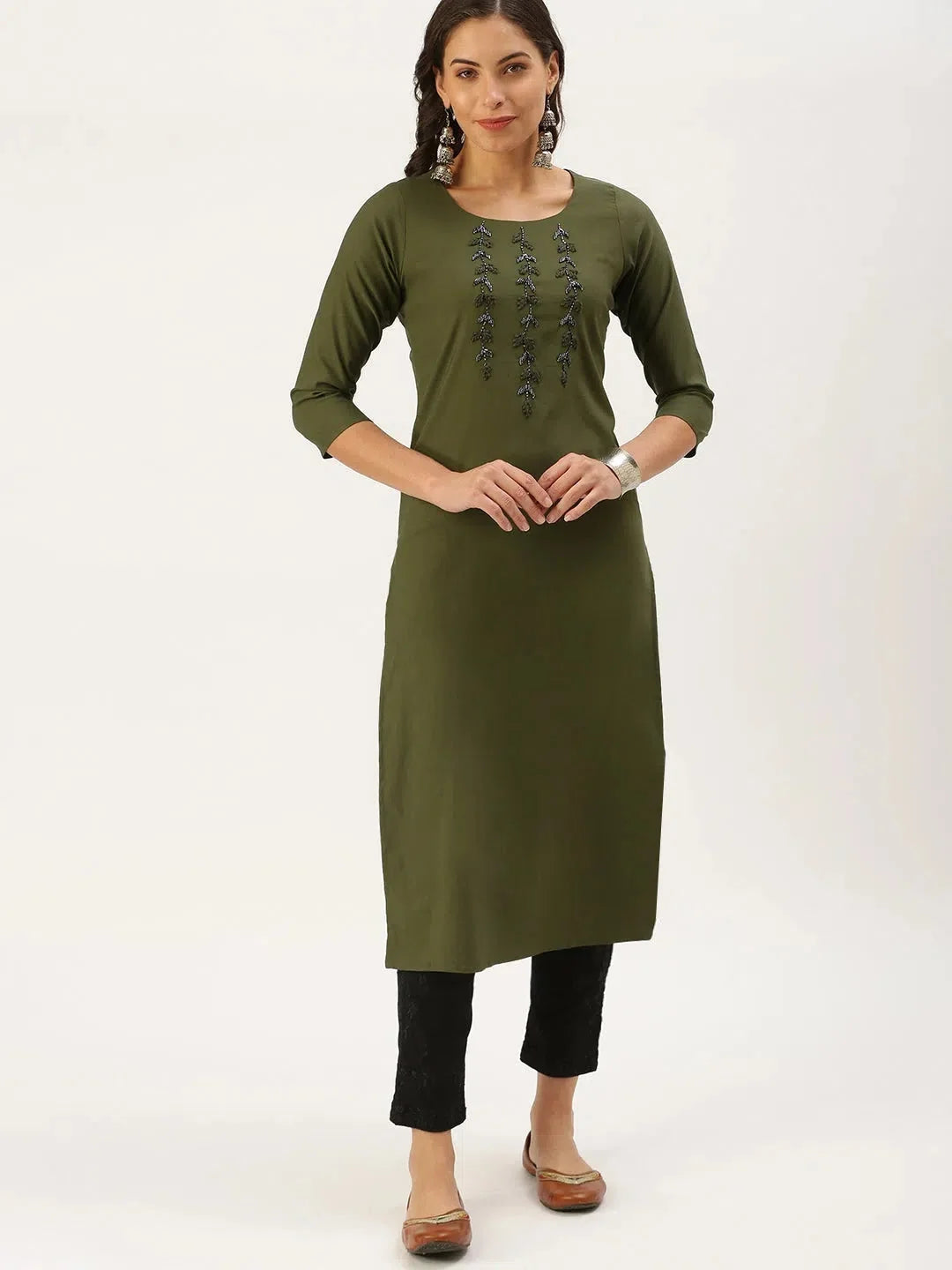 Olive Embellished Cotton Indian Kurta for Women | DesiQlo