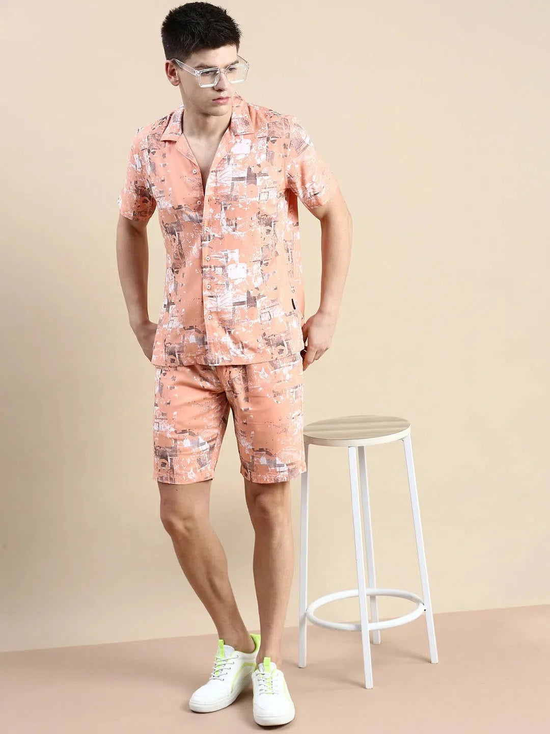 Peach Printed Mens Two Piece Sets | Casual Co ord Sets for Men