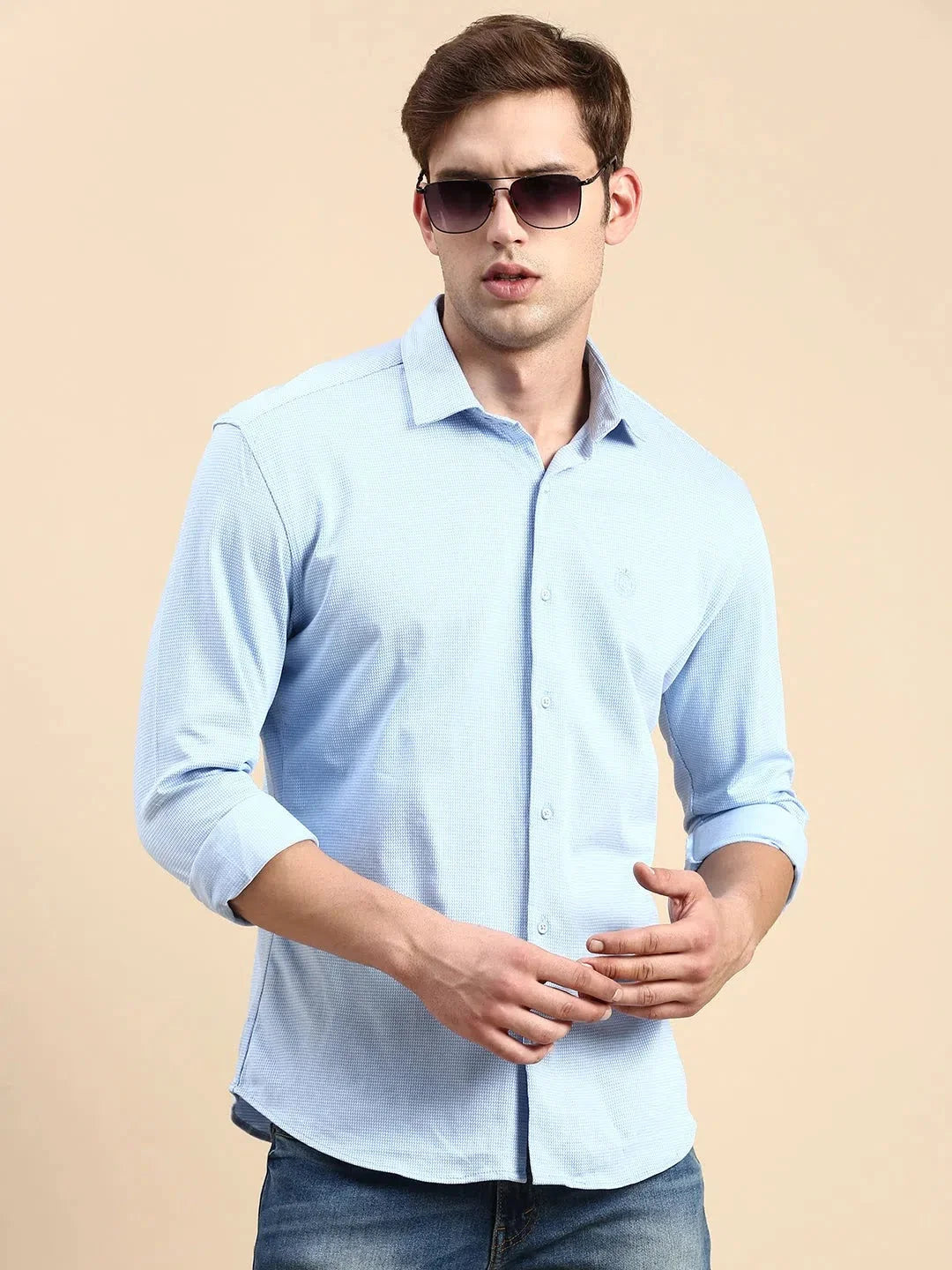 Men Blue Solid Casual Shirt-CELLOKNITS-4972-Blue