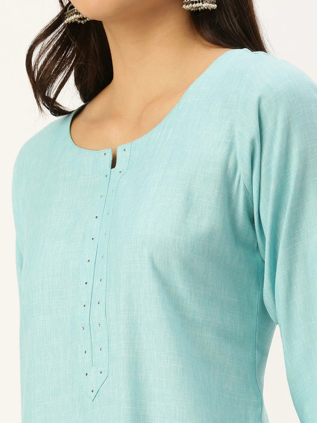 Blue Embellished Cotton Indian Kurta for Women - DesiQlo