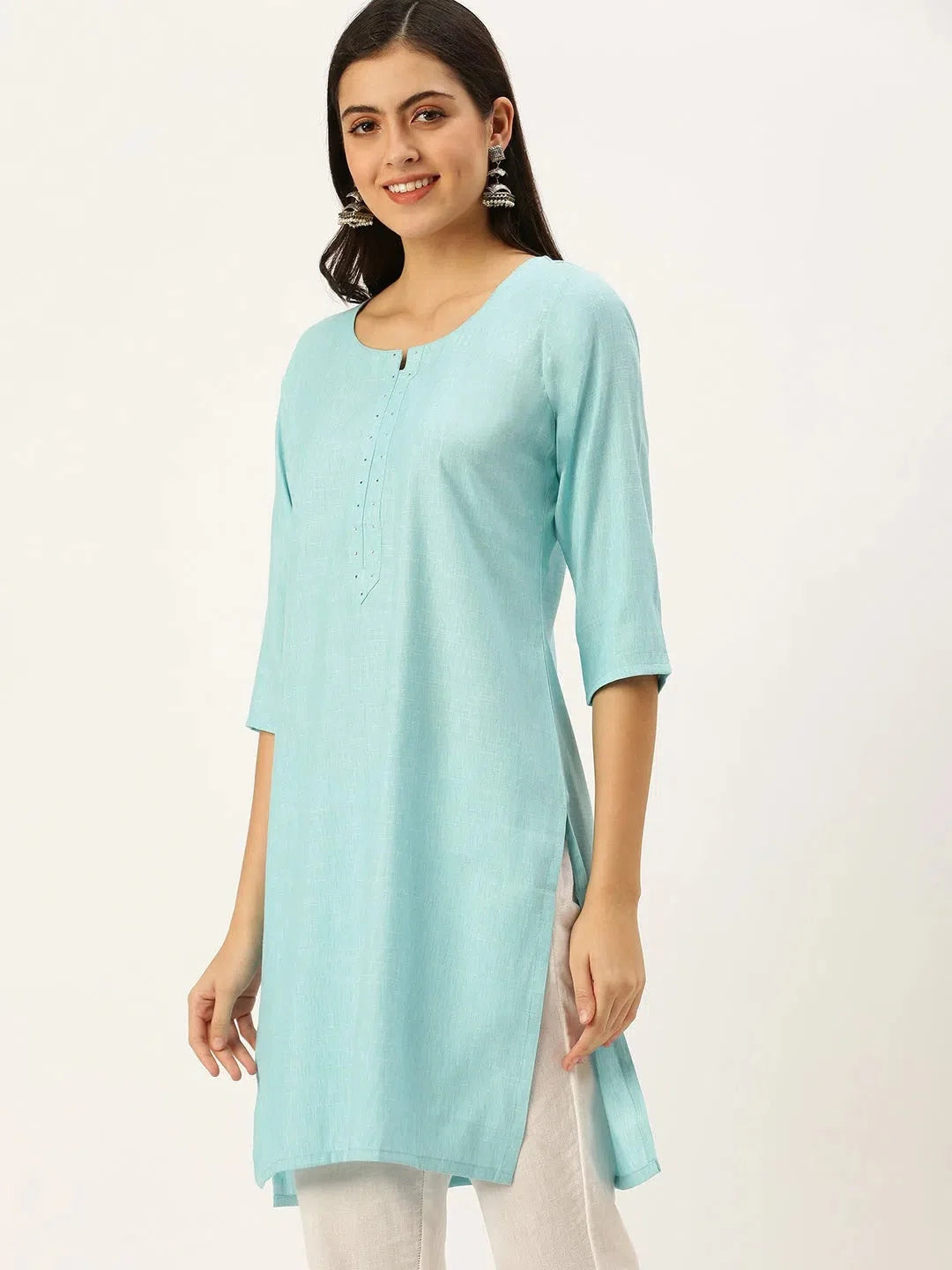 Blue Embellished Cotton Indian Kurta for Women - DesiQlo