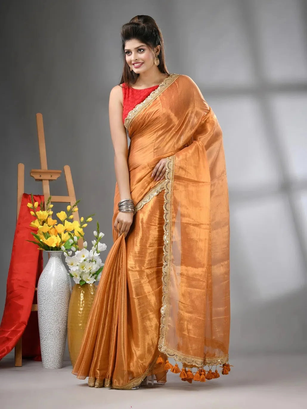 Yellow Cotton Tissue Saree with Gota Patti | Indian Sarees