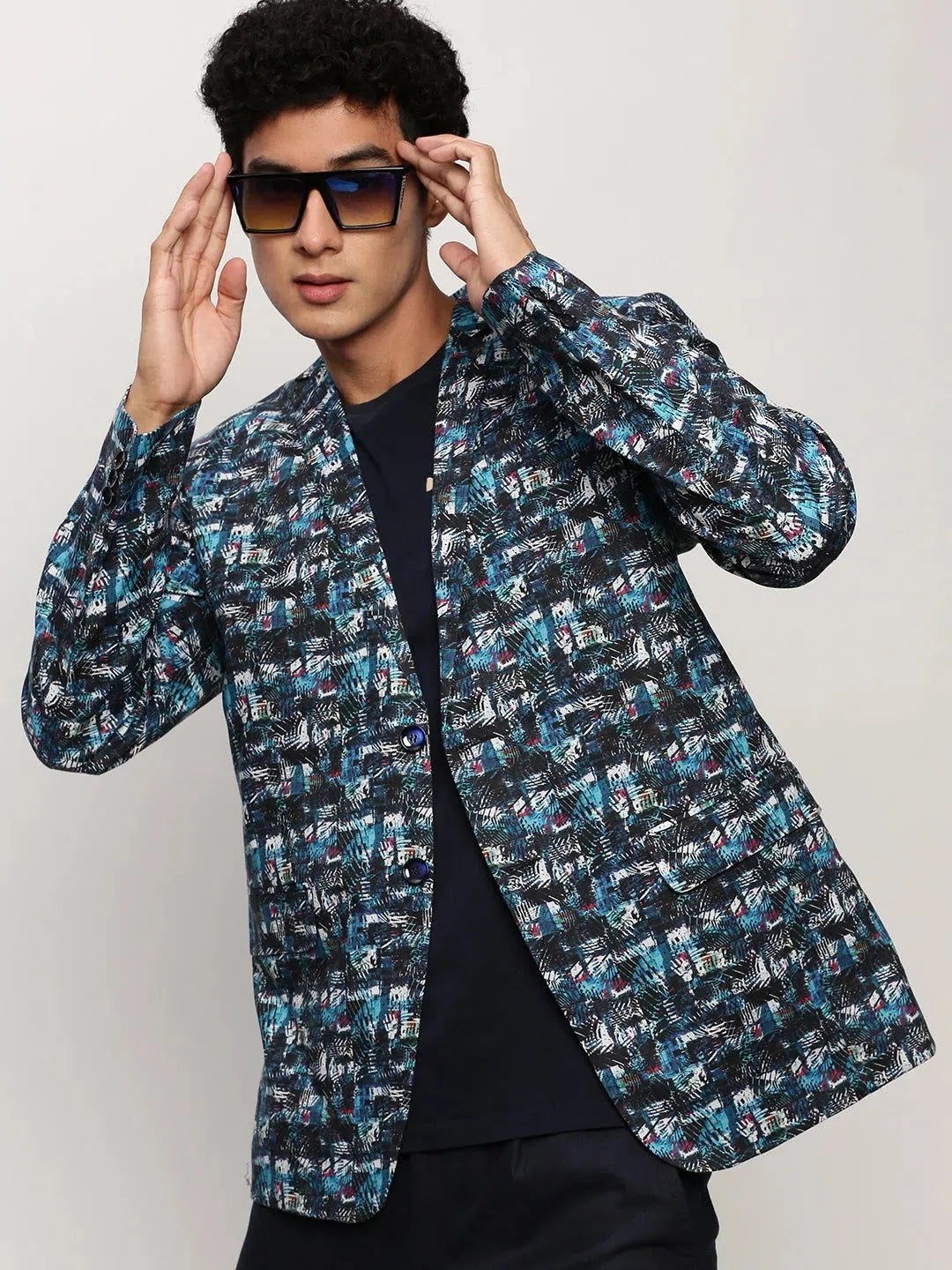 Men Blue Printed Casual Blazers-SOBLZ-082-17-Blue