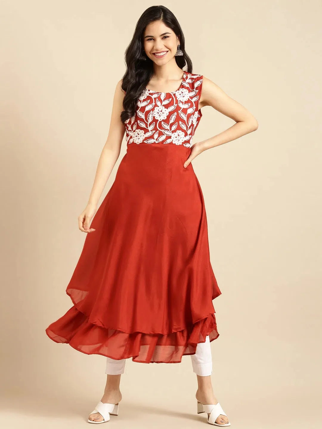 Rust Solid Anarkali Kurti for Women | Polyester Anarkali Dress