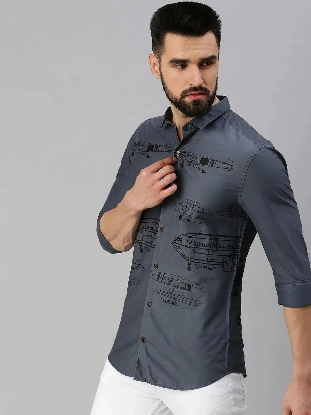 Grey Printed Mens Shirt - Cotton Casual Shirt by DesiQlo