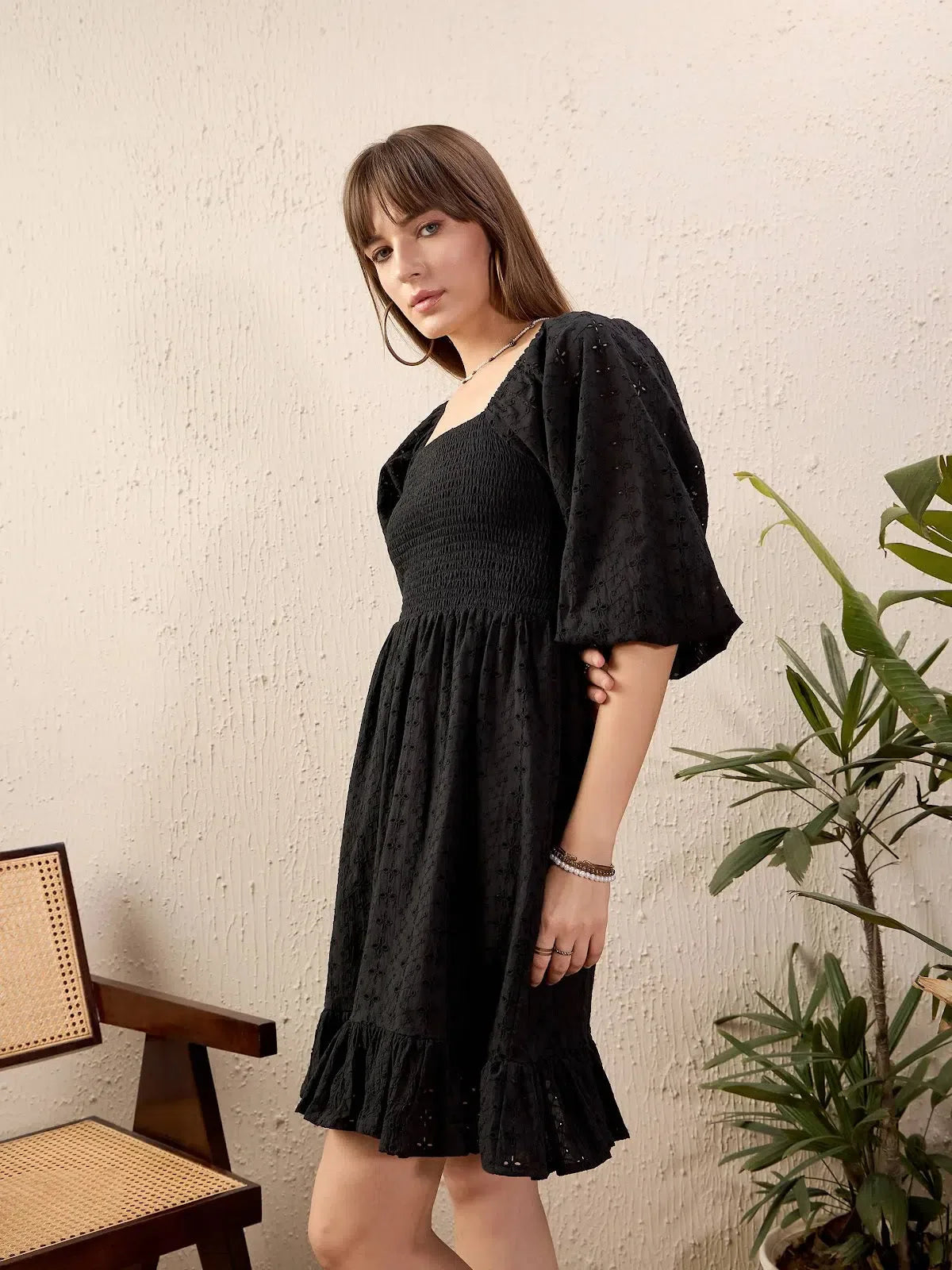 Black Schiffli Short Dress: Women's Fit & Flare Cotton Dress