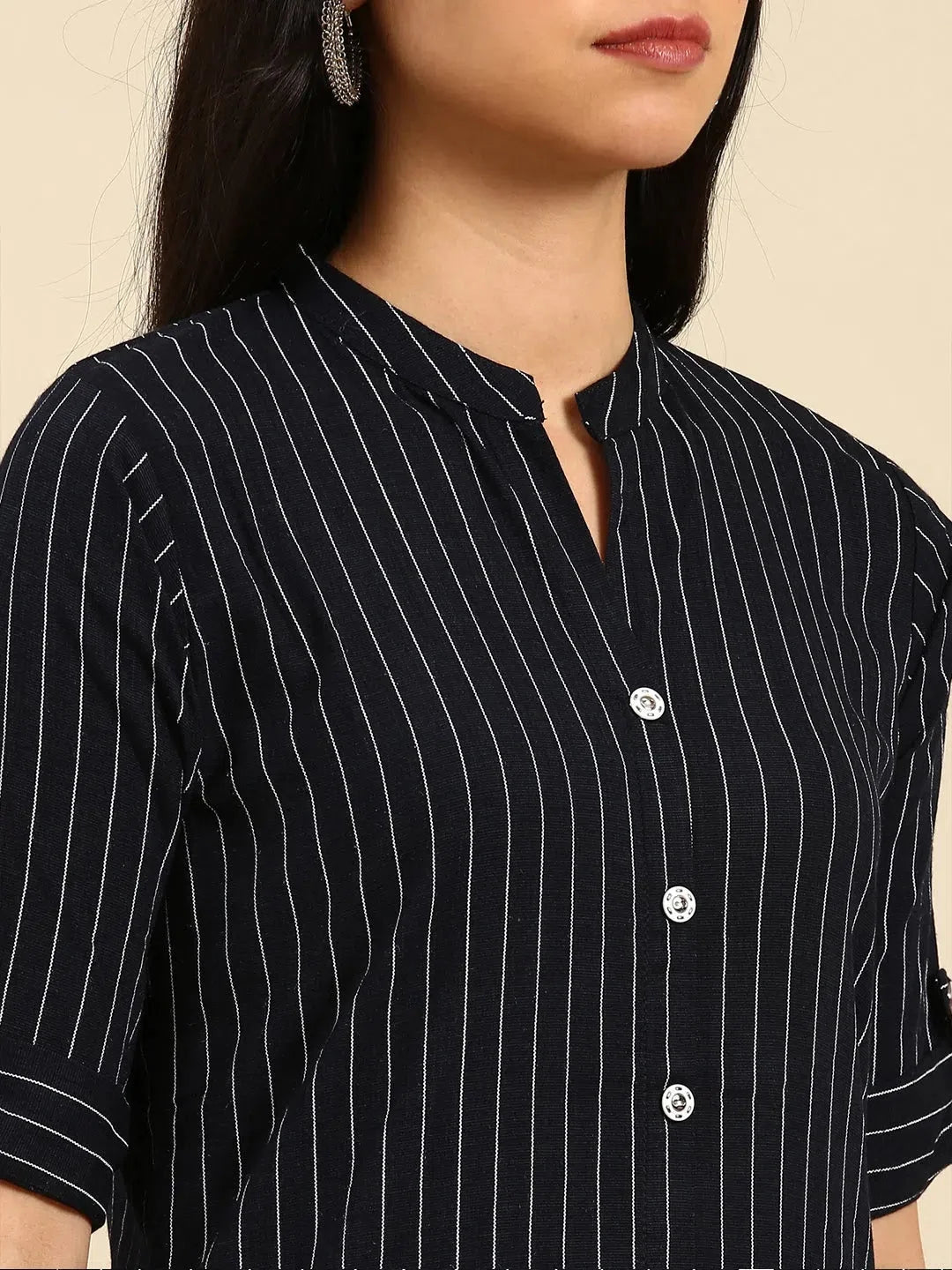 Navy Striped Viscose Kurta Set | Indian Women's Kurta Sets