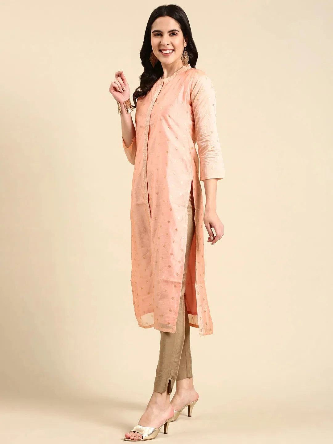 Peach Printed Indian Kurta Ladies | Cotton Straight Kurti