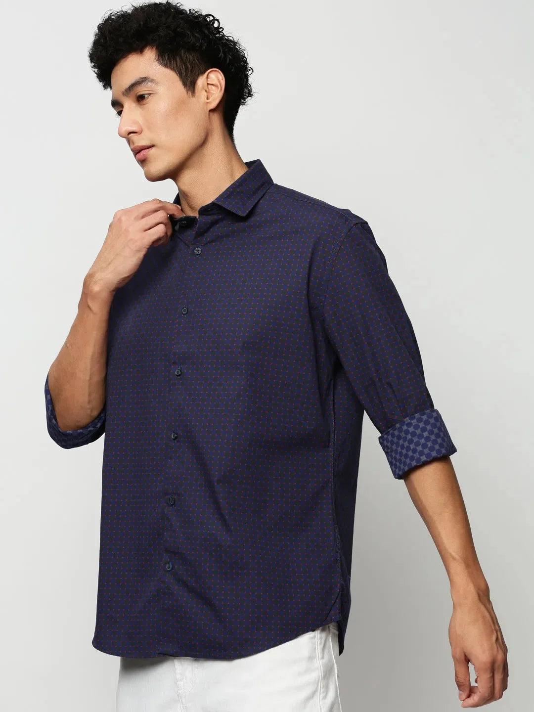 Navy Geometric Mens Shirt - Cotton Casual Shirt | DesiQlo