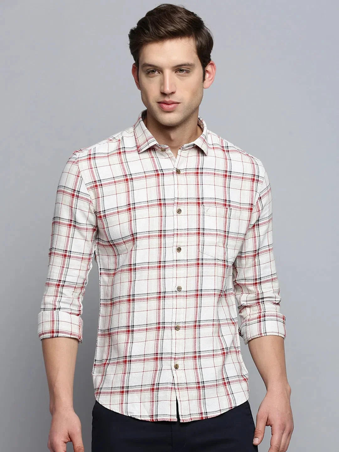 Beige Checked Mens Shirt - Casual Cotton Shirt by DesiQlo