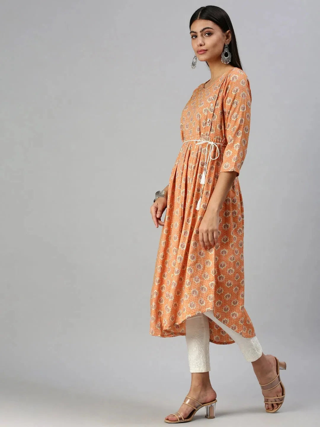 Orange Printed A-Line Indian Kurtis for Women - DesiQlo
