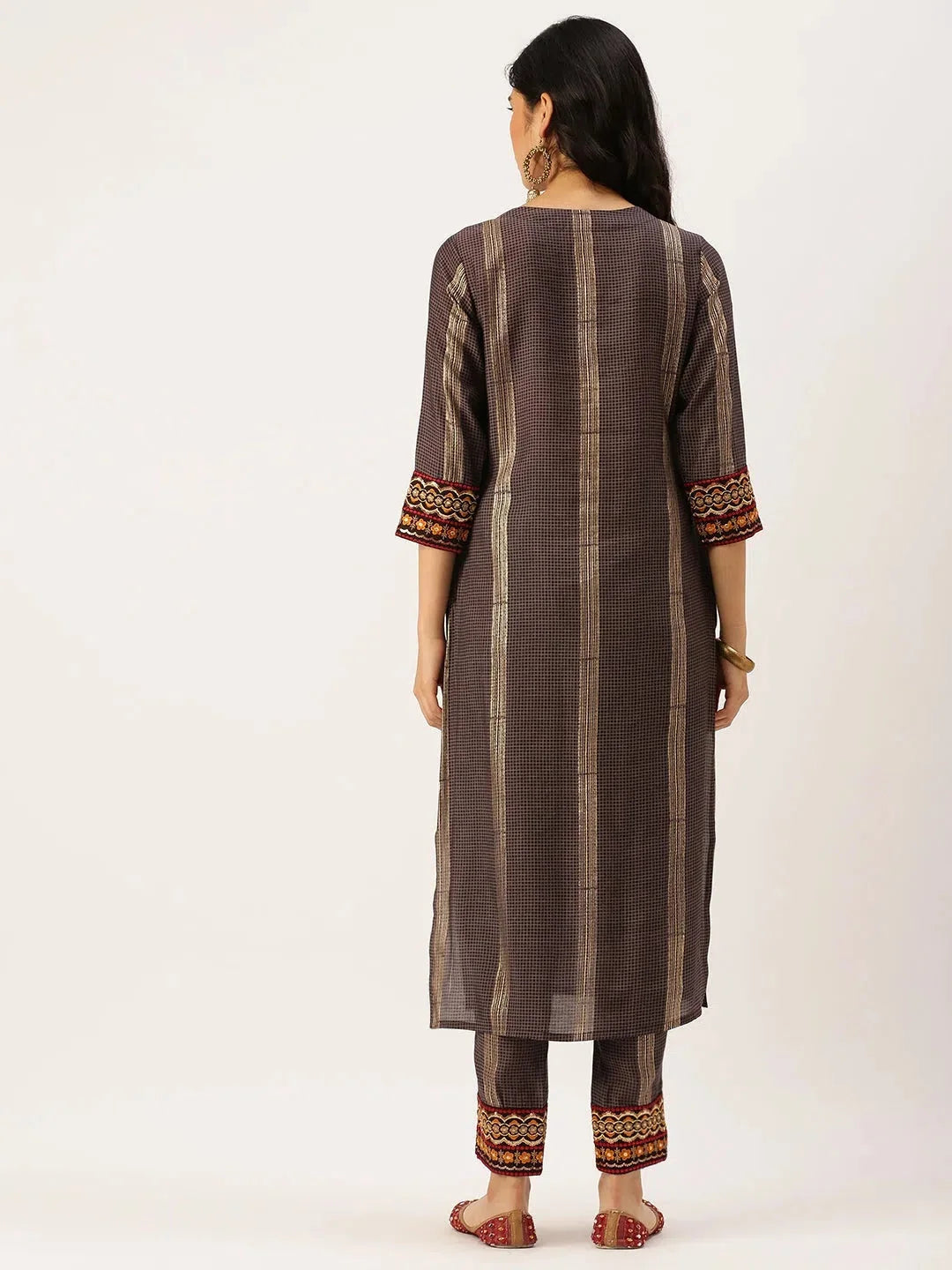Women's Brown Printed Kurta Sets | Checkered Cotton Kurta Sets