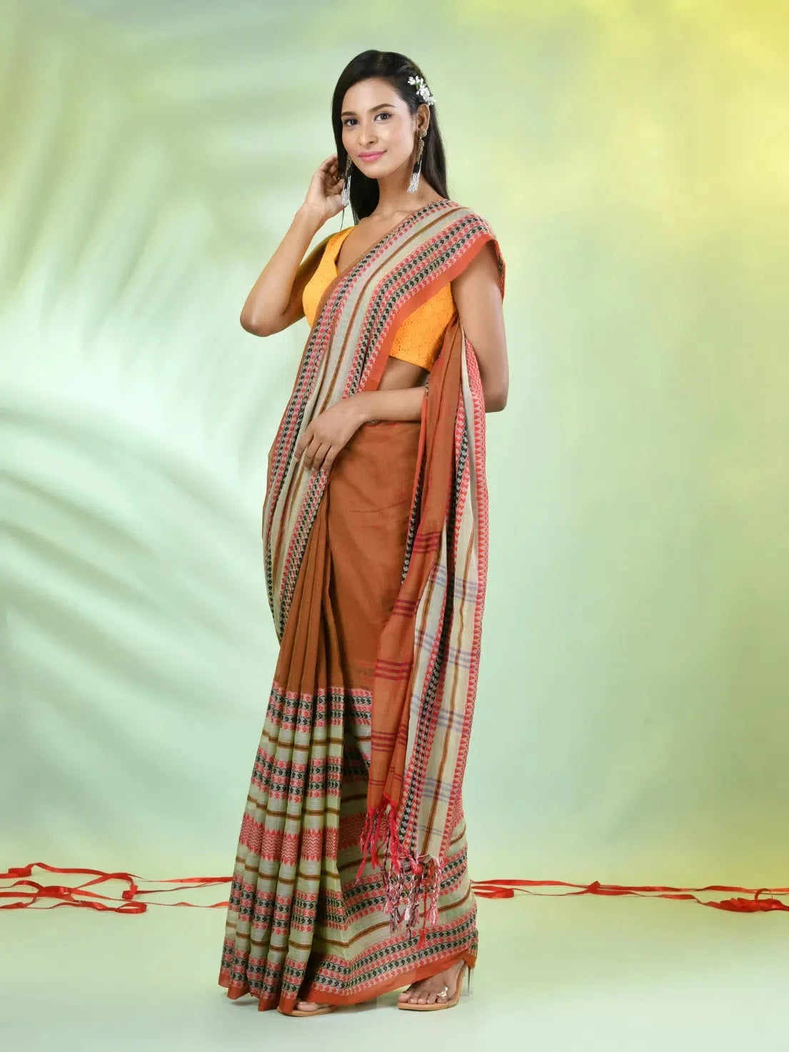 Ochre Yellow Cotton Saree with Nakshi Border | Indian Sarees