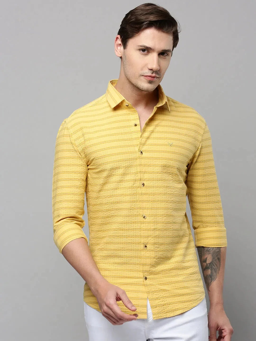 Men's Yellow Striped Cotton Shirt - Casual Style