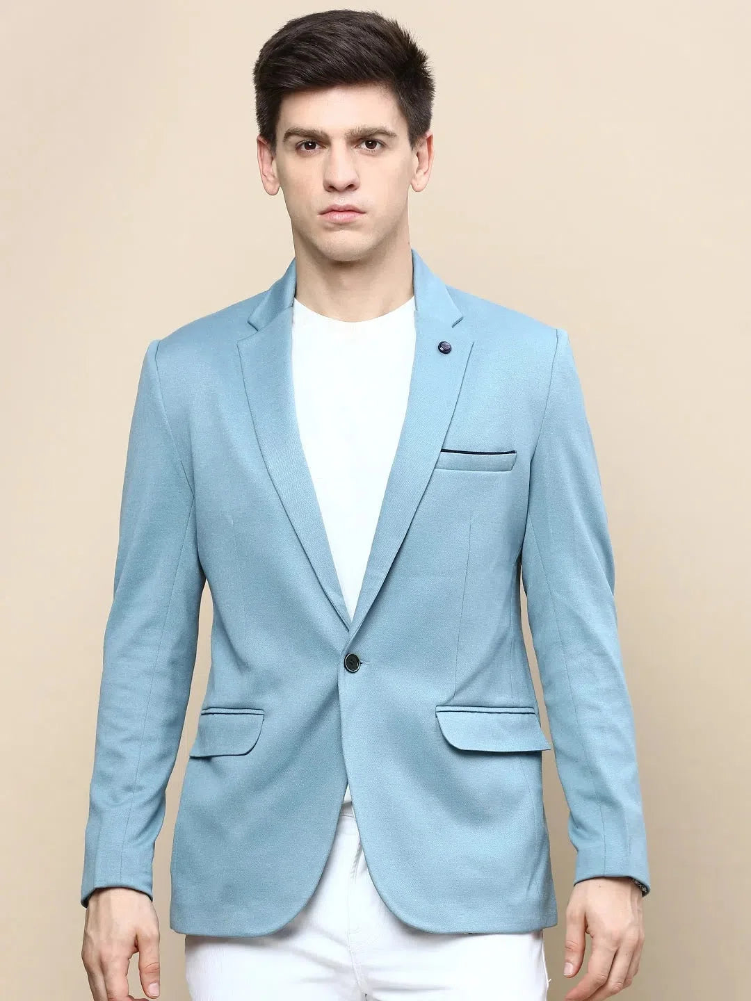 Blue Solid Casual Blazer | Men's Nehru Collar Jacket-DesiQlo