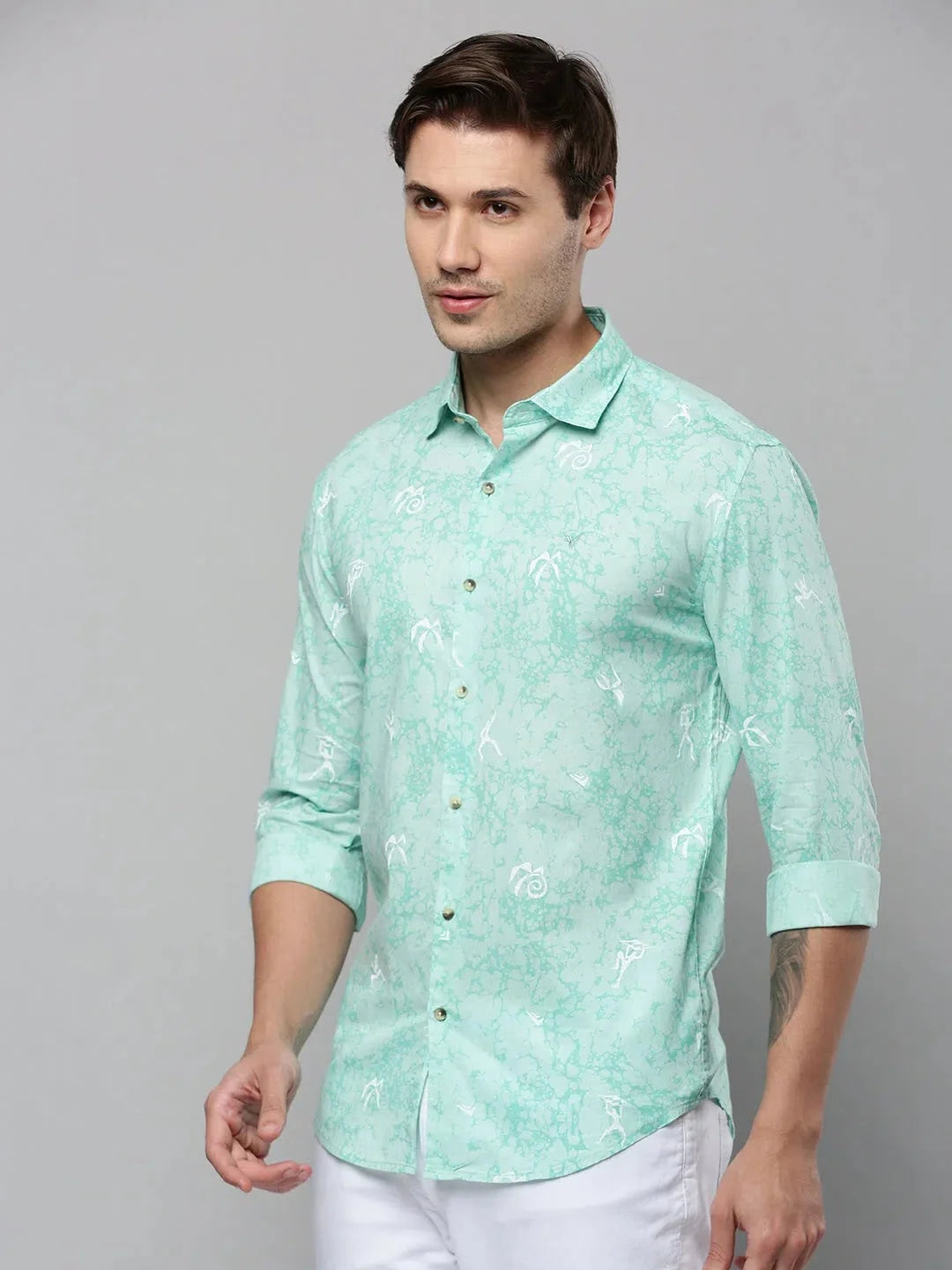 Men's Green Printed Shirt - Cotton Casual Mens Shirt DesiQlo