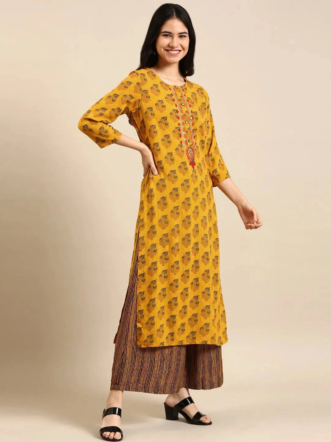 Yellow Floral Cotton Kurta Set | Women's Indian Kurta Sets