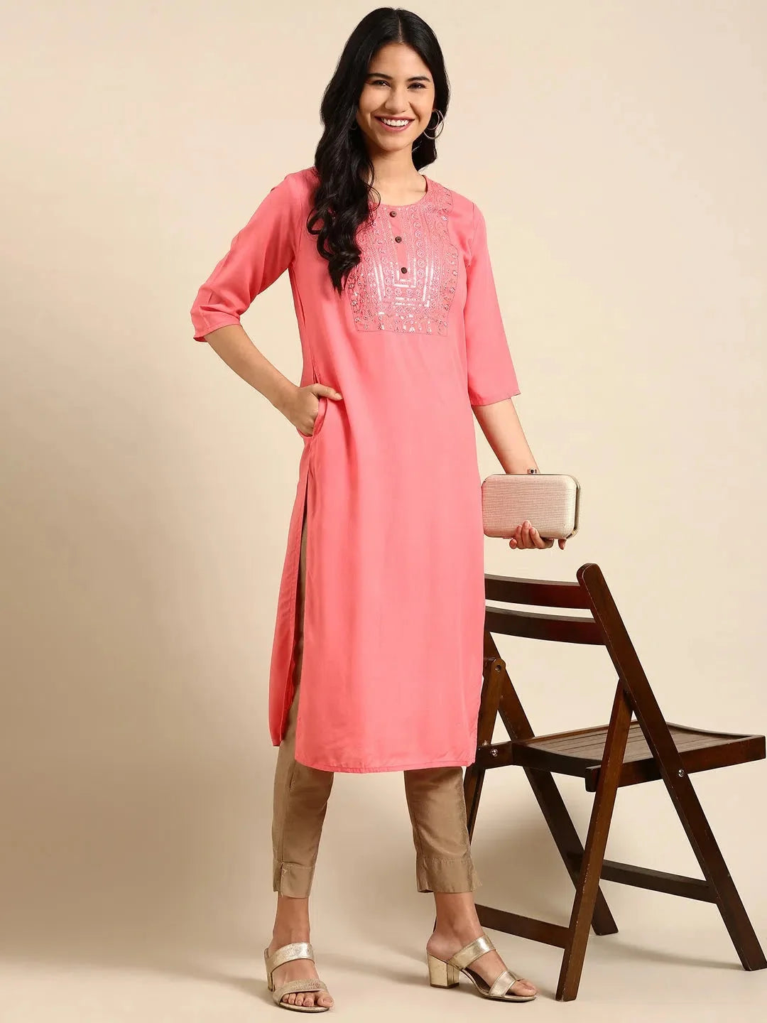 Coral Solid Viscose Kurta - DesiQlo Indian Kurta Ladies