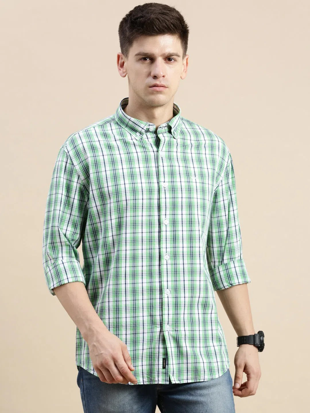 Green Checked Mens Shirt - Cotton Formal Shirts | DesiQlo