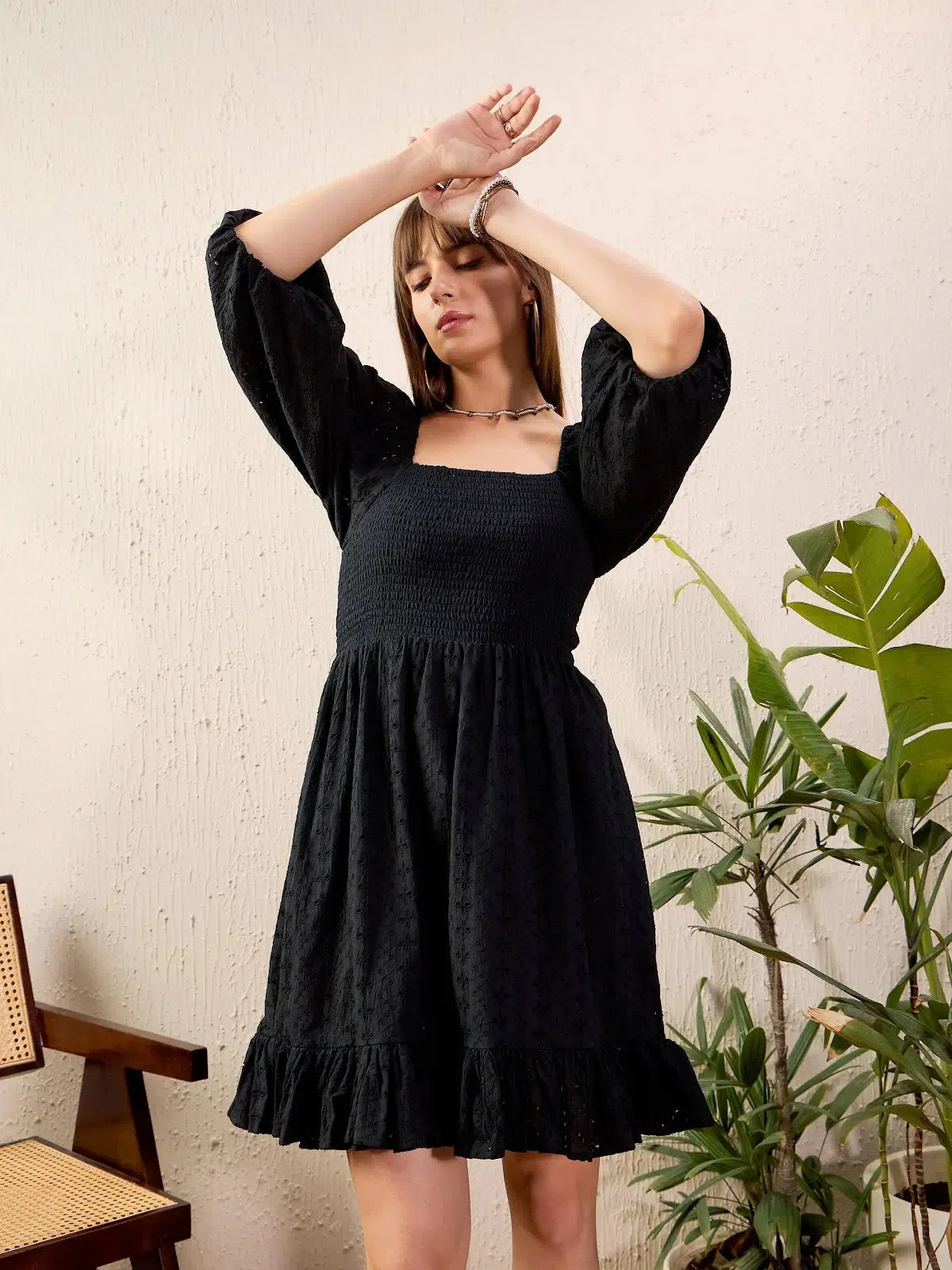 Black Schiffli Short Dress: Women's Fit & Flare Cotton Dress