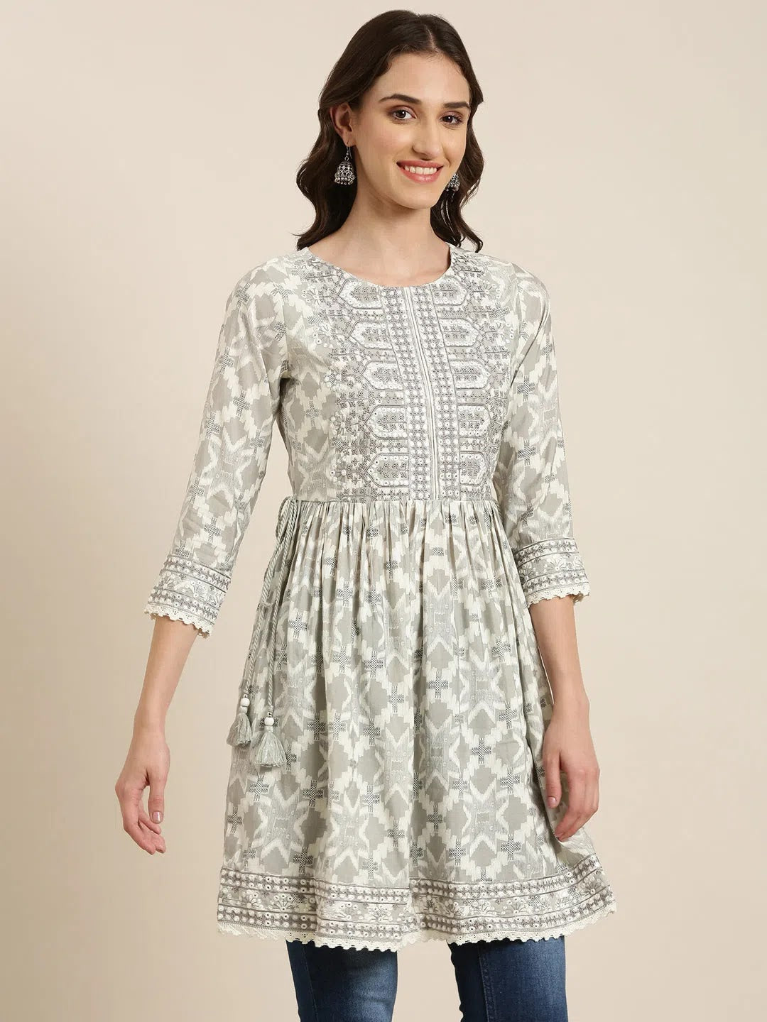 Off White Geometrical Kurti: Women's Indian Kurta Tunic Top