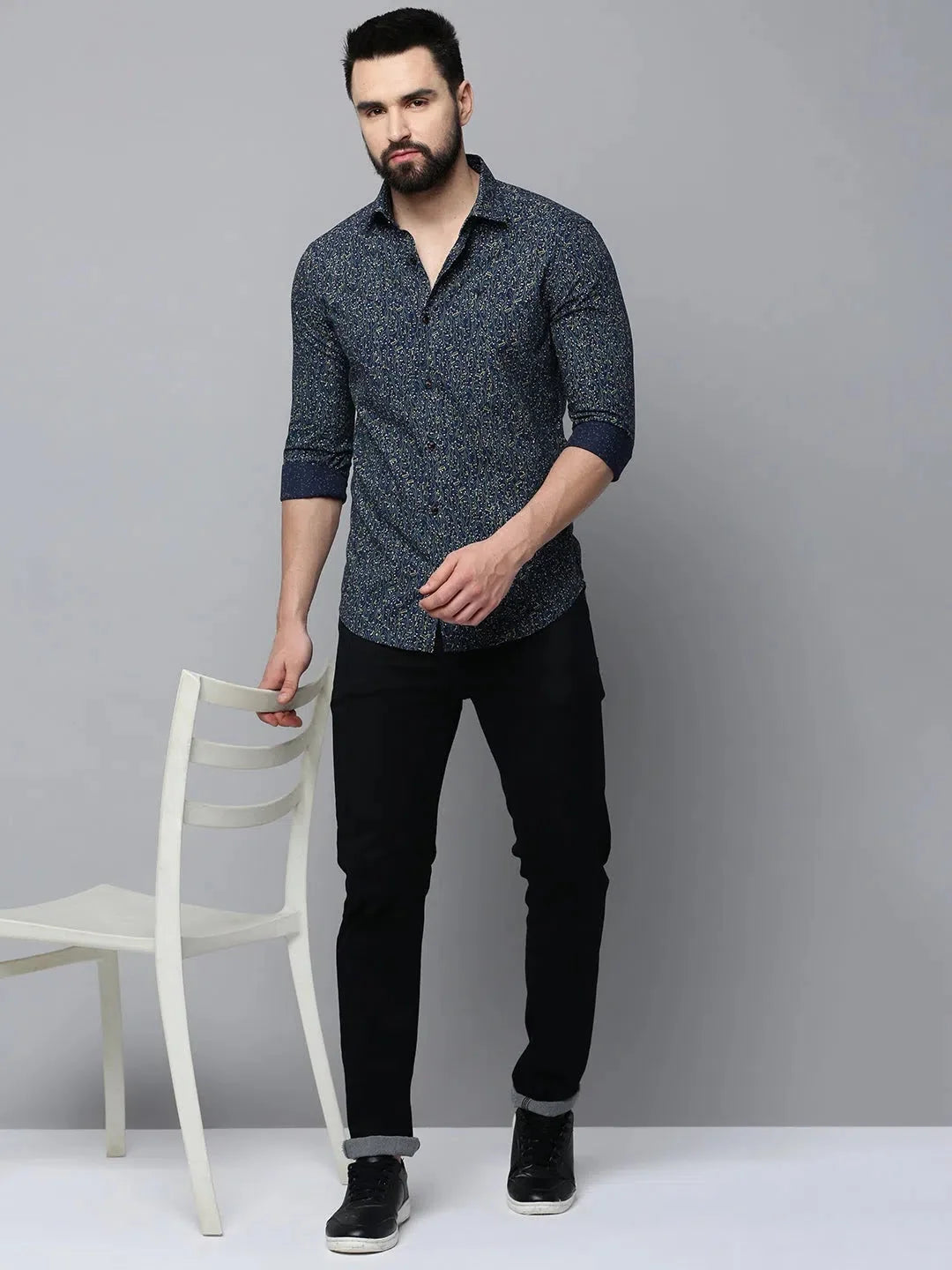 Men's Navy Printed Cotton Shirt | Stylish Mens Shirt