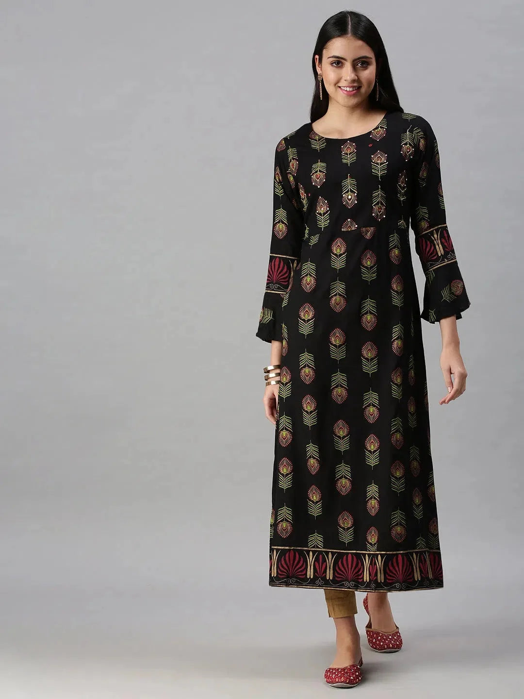 Black Printed Cotton Anarkali Kurta - Women's Anarkali Kurtis