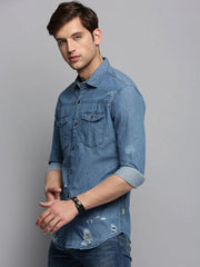 Men Blue Solid Casual Shirt-VIVODENIM-4464-Blue