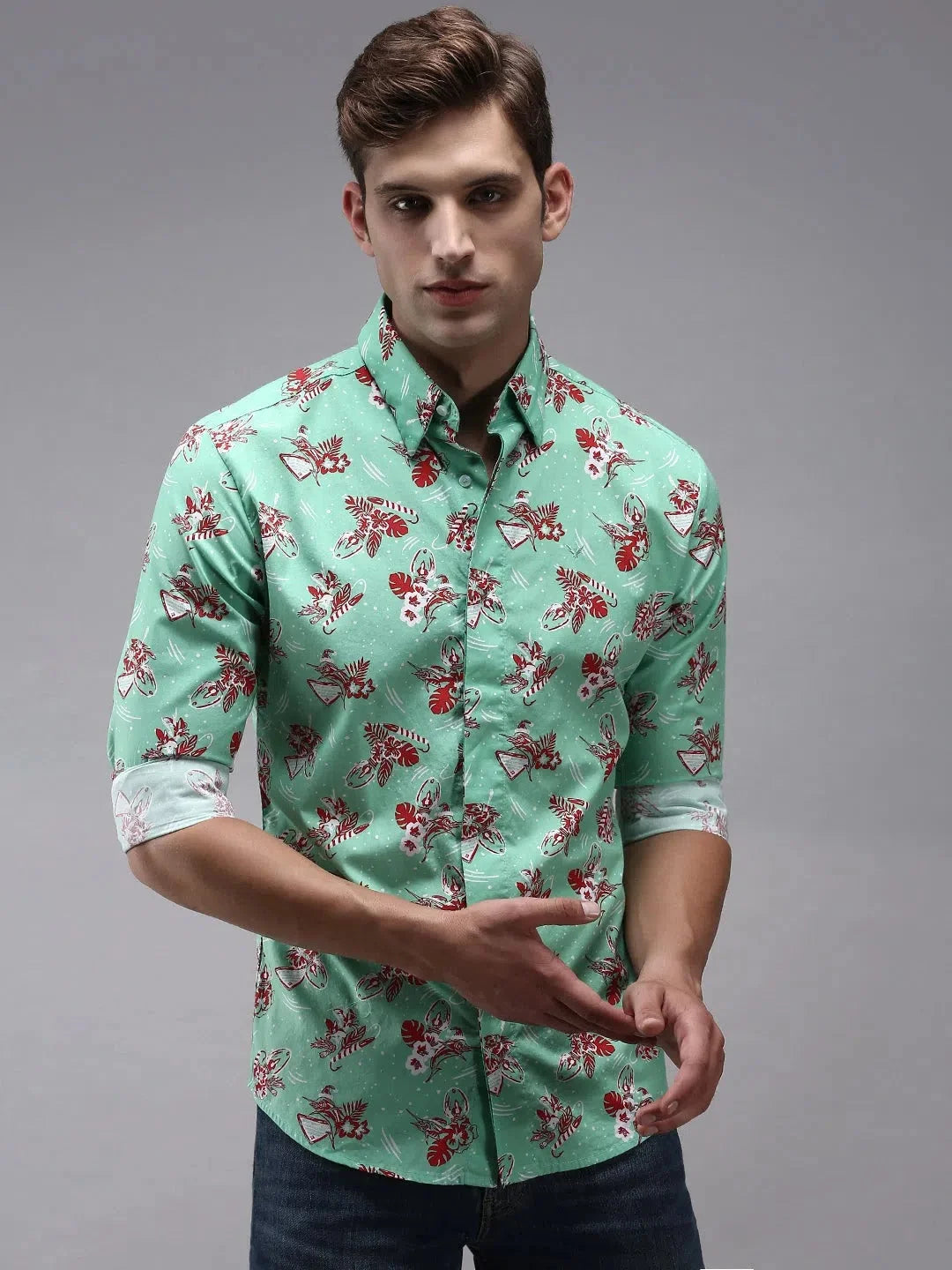 Men's Green Printed Shirt - Casual Cotton Shirt by DesiQlo