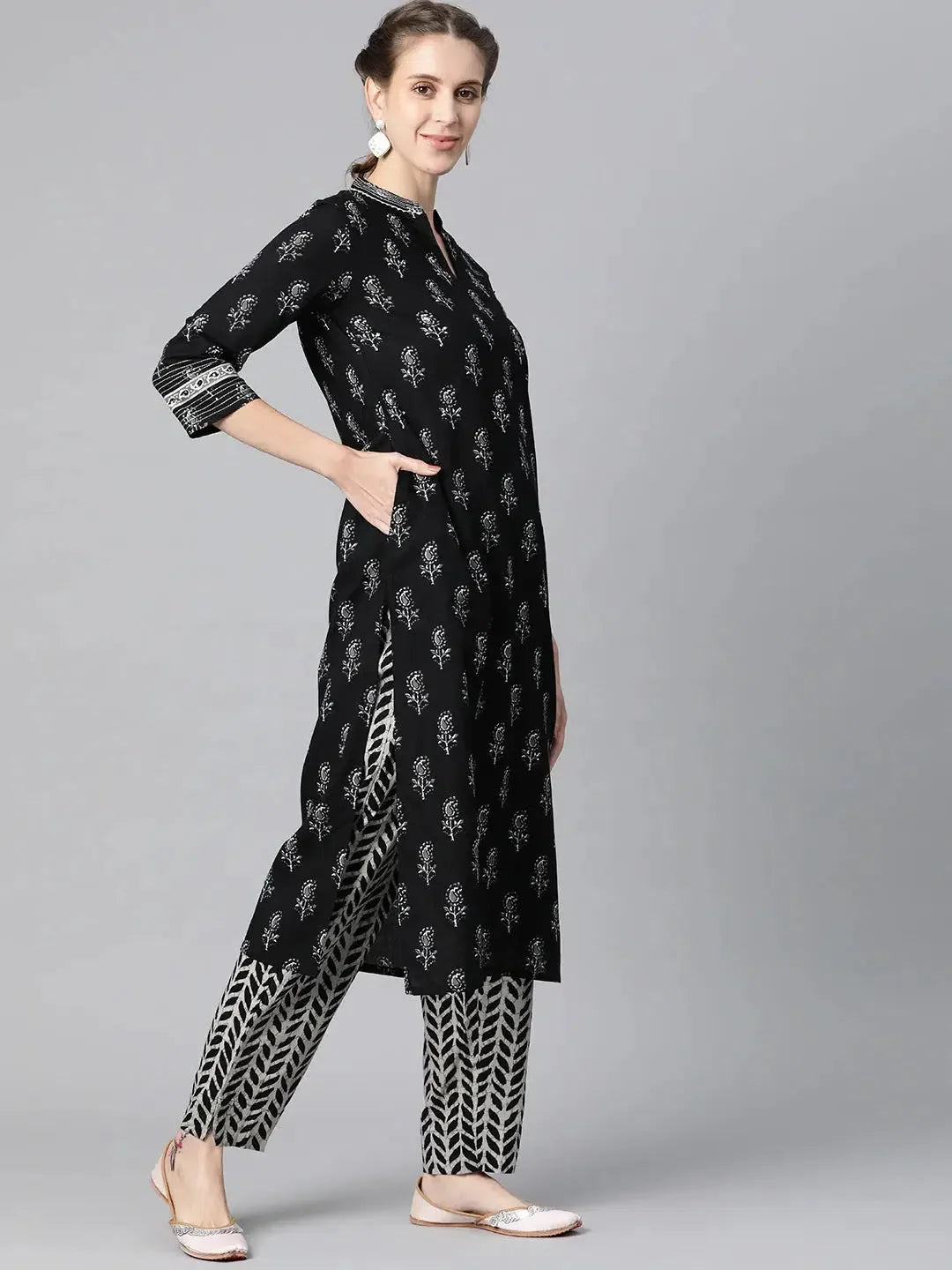 Black Rayon Blend Printed Kurta Pant Set - VKSKD1182 | Kurta Set