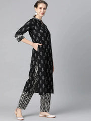 Women Black Rayon Blend Printed Straight Kurta Pant Set-VKSKD1182