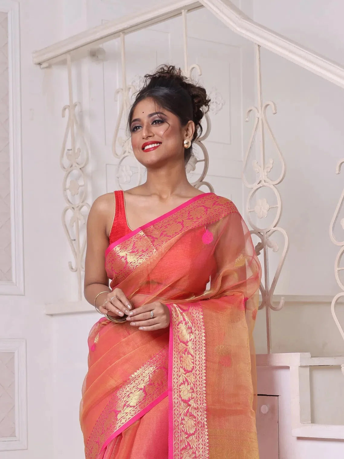 Orange Linen Saree with Zari Border | Designer Sarees India