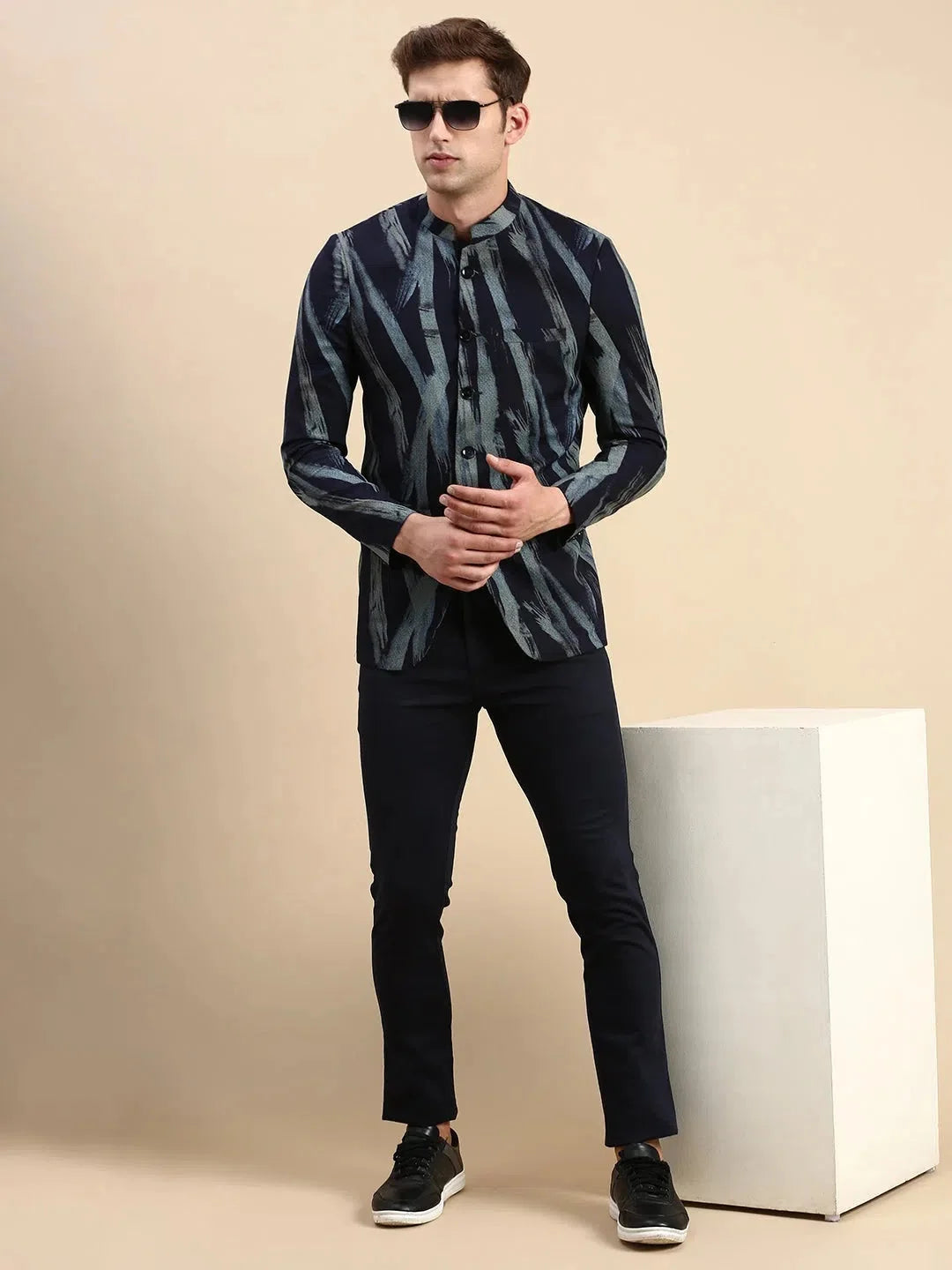 Men's Navy Printed Blazer | Party Wear | DesiQlo
