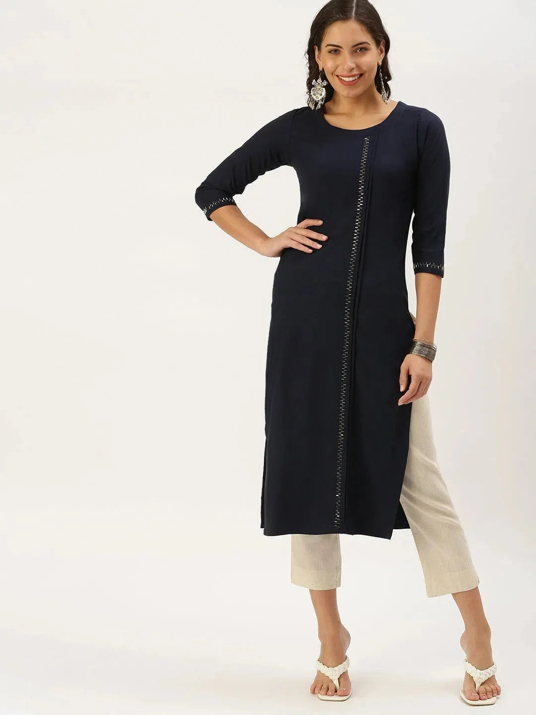 Navy Embellished Kurta - Women's Indian Kurtis Cotton
