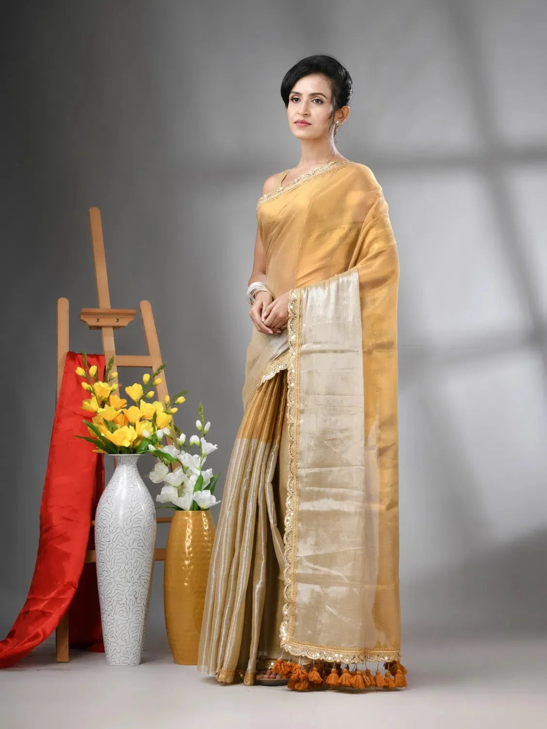 Golden Tissue Cotton Saree with Gota Patti | Indian Sarees