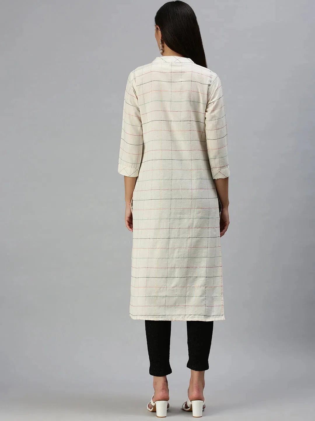 Beige Cotton Checked Kurta | Women's Casual Indian Kurtas