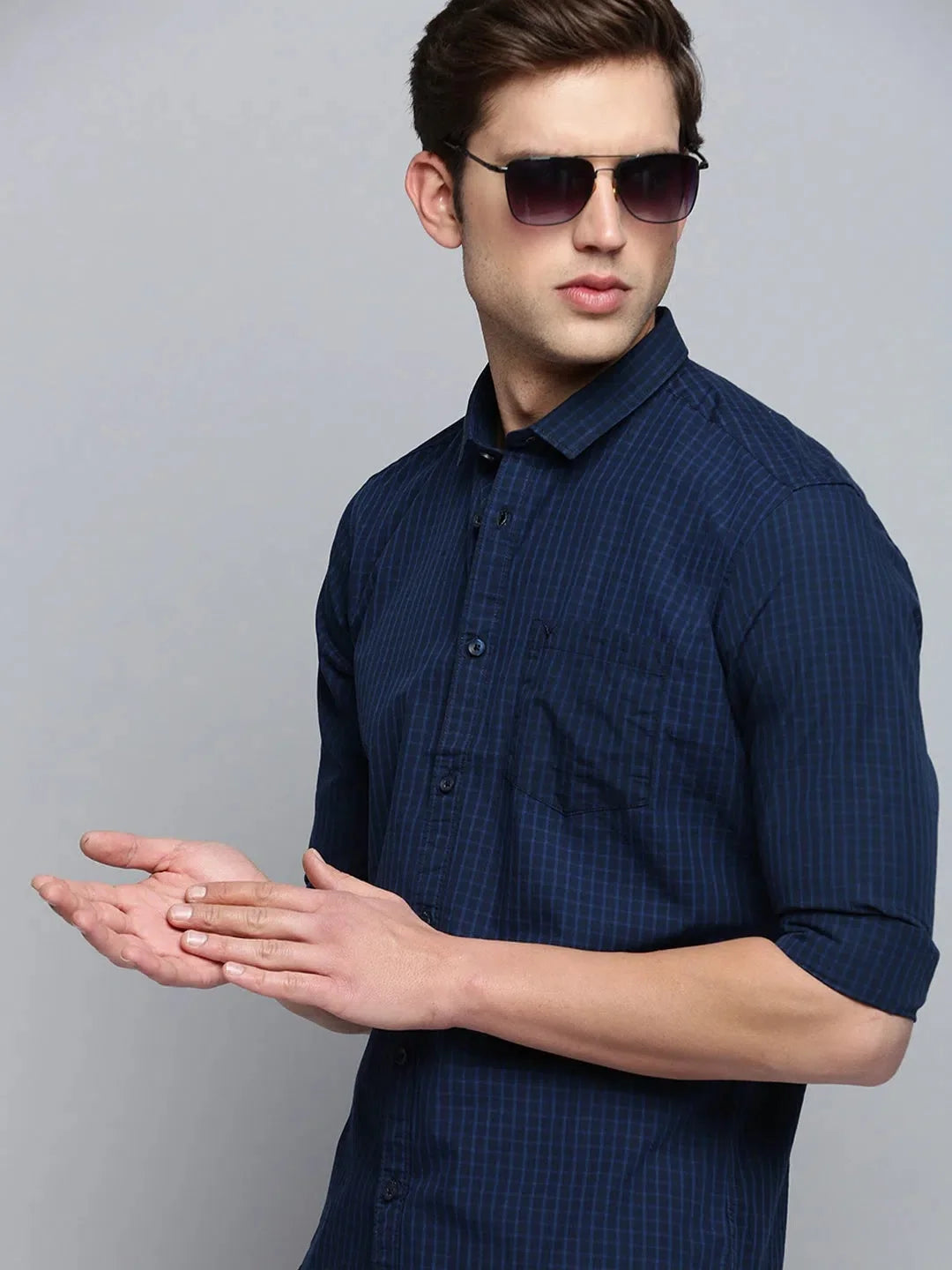 Men's Navy Checked Cotton Shirt | Casual Wear