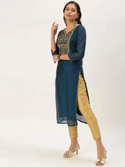 Women's Teal Embellished Straight Kurta-GC-1001-Teal