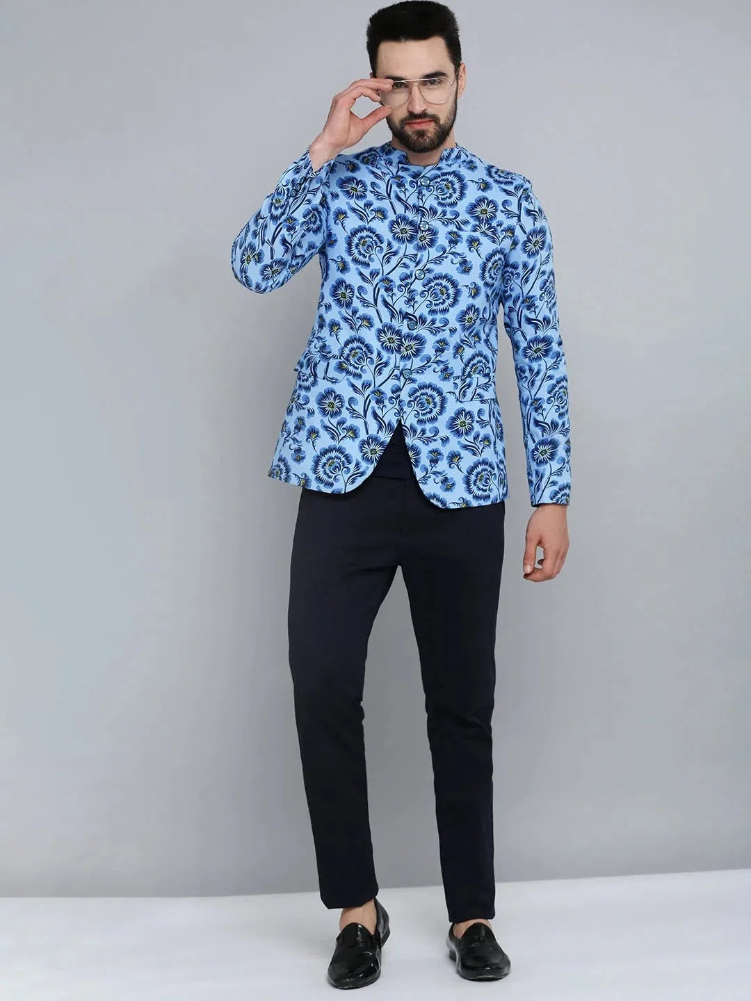Blue Printed Nehru Jacket Wedding Blazer | DesiQlo