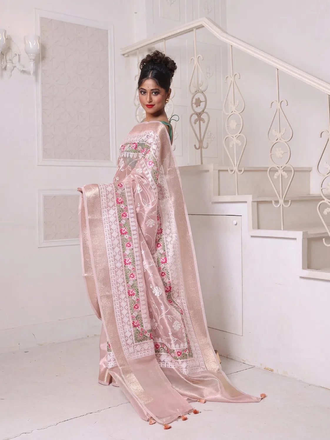 Nude Pink Embroidered Cotton Saree | Indian Wedding Sarees