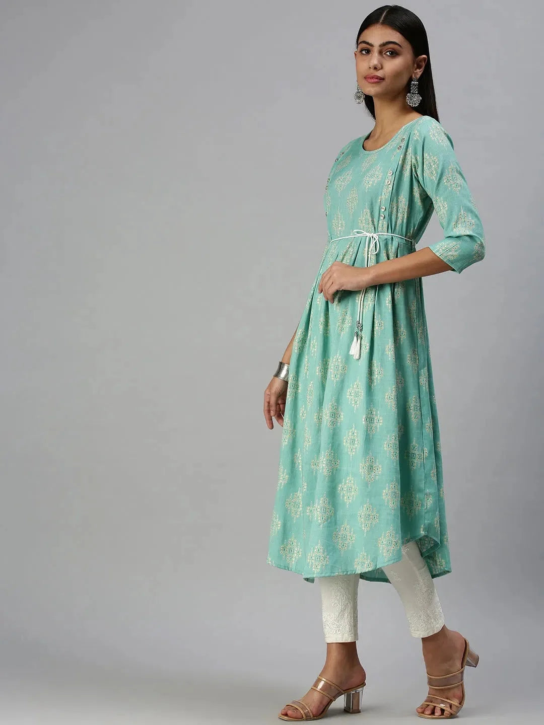 Blue Printed A-Line Indian Kurta for Ladies- DesiQlo