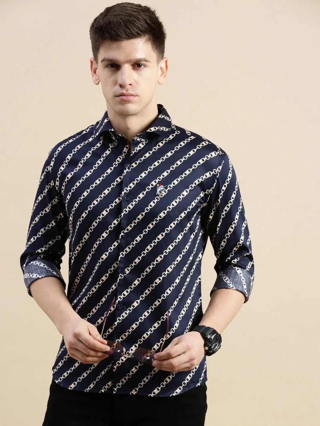 Men Navy Graphics Casual Shirt-SHARK-0780-Navyblue
