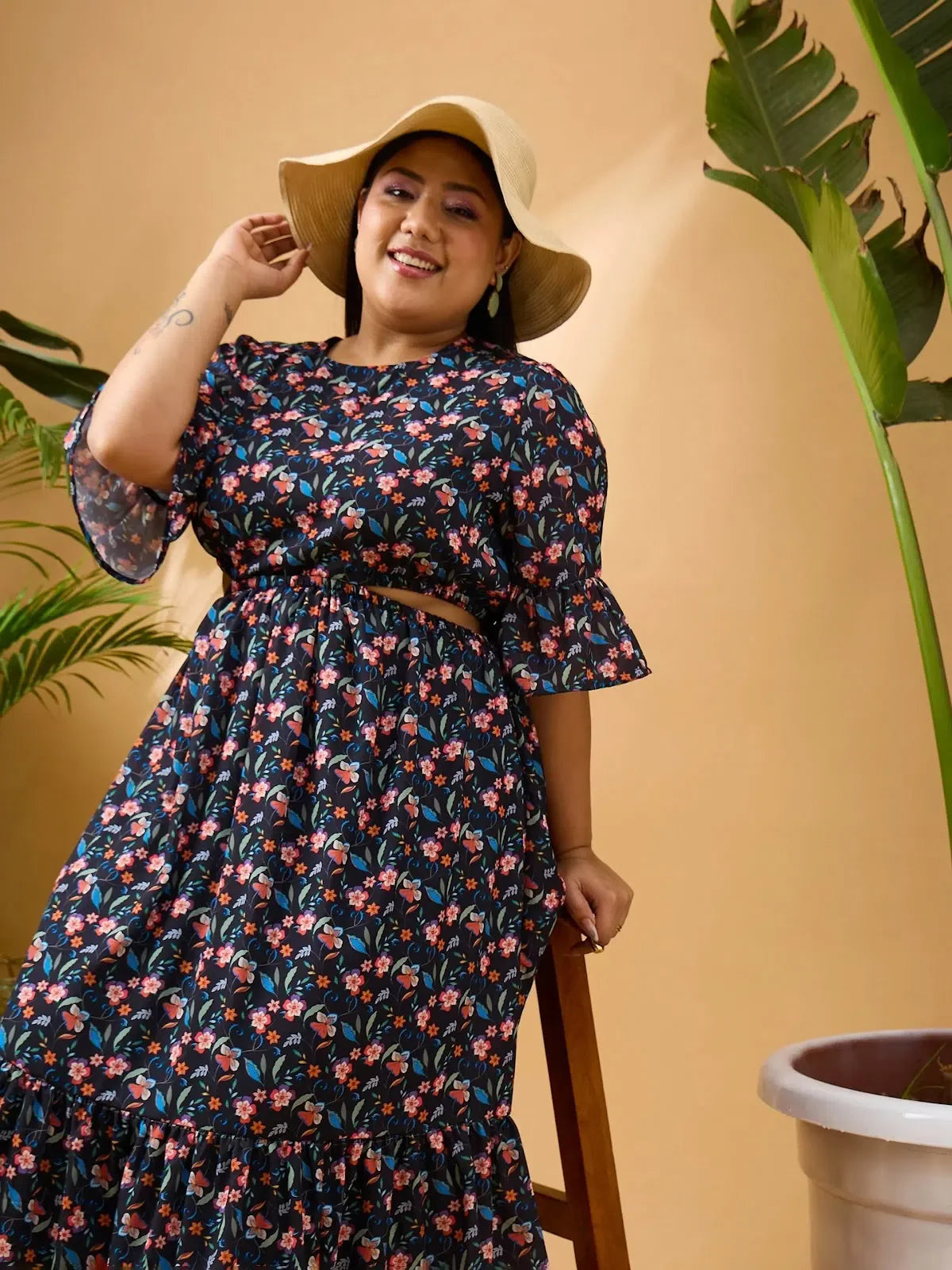 Black Floral Midi Dress - Side Cut Out, Fit & Flare Style